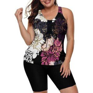 Lalagen Plus Size 3X Tankini Set Lace-up Front Racerback Tank Top Capri Shorts